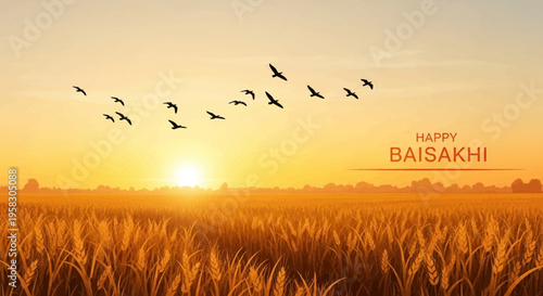 Happy Baisakhi greeting card with golden wheat field at sunrise, flying birds silhouette over harvest landscape, Punjabi festival vector background