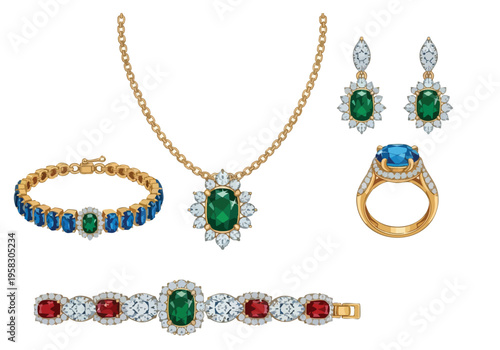 Exquisite Collection of Gemstone Jewelry Featuring Emeralds, Sapphires, and Rubies in Gold Settings