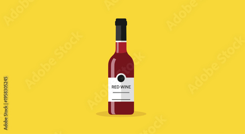A single dark red wine bottle with a black cap and a white label is centered on a solid yellow background.