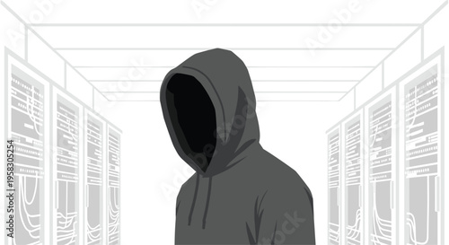 A faceless hooded figure stands in a monochromatic gray server room with outlined server racks in the background.