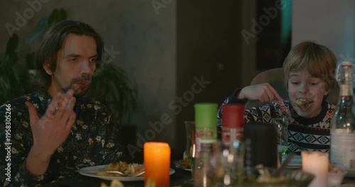 Kid Spend Time with Uncles. Friends Have a Home Party Dinner. 4K 10-bit