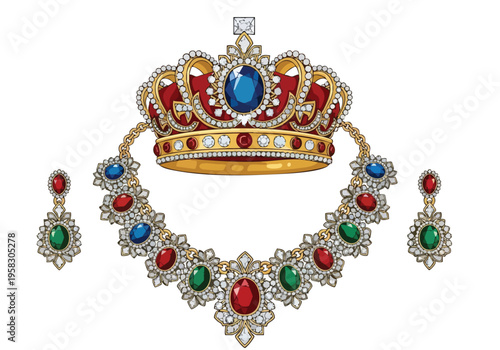 Exquisite royal regalia featuring a grand crown and matching ornate necklace and earrings adorned with precious gemstones