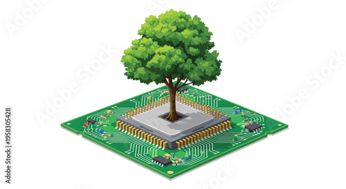 A lush green tree with a brown trunk grows from a grey processor on a detailed bright green circuit board with components.
