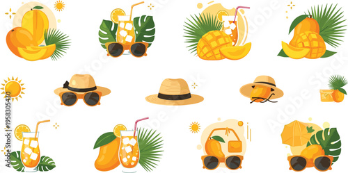 Tropical summer fruit and drink vector set with pineapple, mango, citrus cocktails, sunglasses and beach elements, vibrant vacation illustration collection isolated on white background