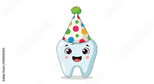 A cute cartoon tooth character with big eyes and a happy smile wears a colorful polka-dotted party hat with a green pom-pom.