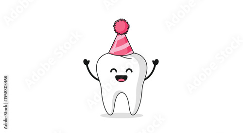 A happy cartoon tooth character with raised arms wears a pink striped party hat with a pom-pom on a white background.