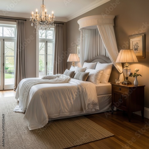 Elegant Master Bedroom With Canopy Bed And Chandelier