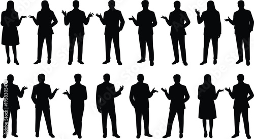 Business people silhouettes set, diverse professionals standing gesturing communication teamwork presentation isolated vector illustration corporate office human figures collection design