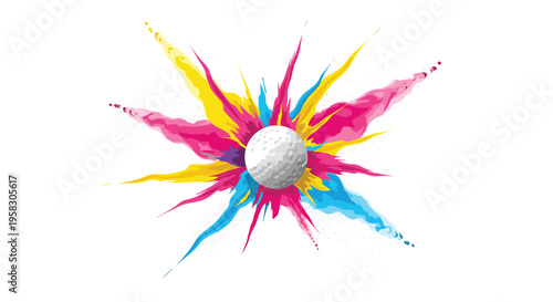 A white golf ball is centrally positioned, surrounded by an explosive burst of abstract yellow, pink, and blue paint splashes.