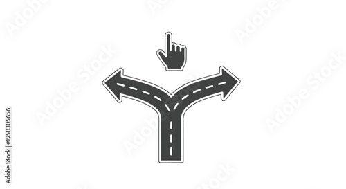 A dark grey split road icon with dashed lines and an upward-pointing hand cursor is centered on a plain white background.