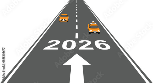 Two orange cars drive on a dark grey asphalt road with a white arrow and the year 2026 painted on it, set against a white background.