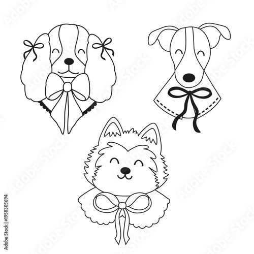 outline set of isolated cute dogs with a bow