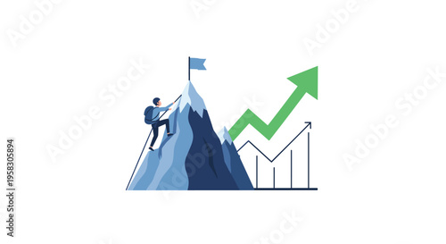 A hiker climbs a blue and grey mountain towards a flag, next to an upward-trending green arrow graph on a white background.
