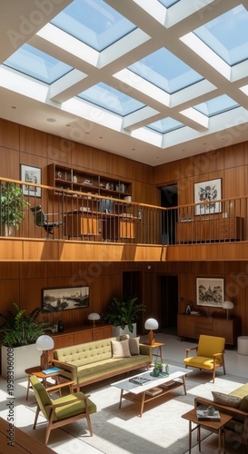 Elegant Mid-Century Modern Living Area With Skylights And Wood Paneling
