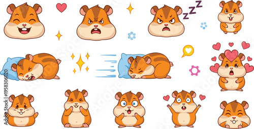 Cute hamster emoticons vector set with funny cartoon expressions, sleeping, angry, happy and love reactions, kawaii animal emoji illustration collection