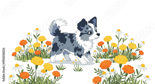 A fluffy blue merle puppy walks through a field of white daisies and orange and yellow marigolds on a white background.