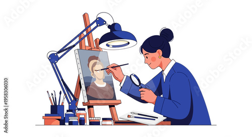 Artist painting portrait with magnifying glass and lamp.