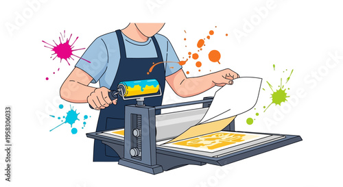 Artist using a printing press for art creation.