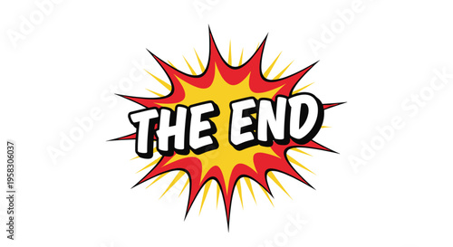 White THE END text with a red outline is centered within a sharp red starburst on a white background.