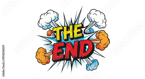 Yellow and red THE END text with a black outline is centered within a black starburst surrounded by comic smoke clouds on a white background.