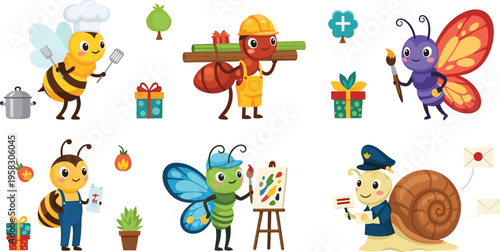Cute insect characters vector set with bee, ant, butterfly and snail, cartoon mascots working, painting, delivering mail, adorable nature illustration collection