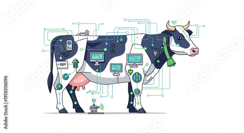 A black and white cow is covered with an intricate network of green and blue lines connecting various technology icons on a white background.