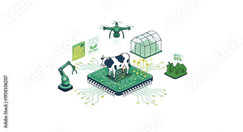 An isometric illustration features a cow standing on a green circuit board surrounded by smart farming elements on a white background.