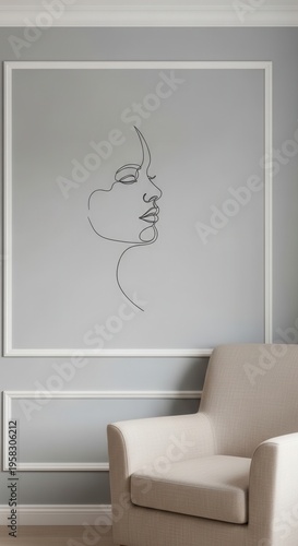 Elegant Minimalist Line Art Of A Woman's Face On A Chic Gray Wall