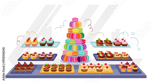 Assortment of Delicious French Macarons and Cupcakes Displayed.