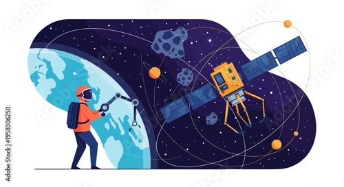 Astronaut controlling robotic arm in space near Earth.