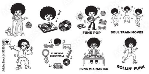 retro funk and disco music cartoon characters with afro hairstyle, dancers, dj turntables, vinyl records and boombox illustration set isolated on transparent background