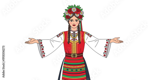 A woman in traditional Bulgarian folk attire with a flower wreath extends her arms in a welcoming gesture.