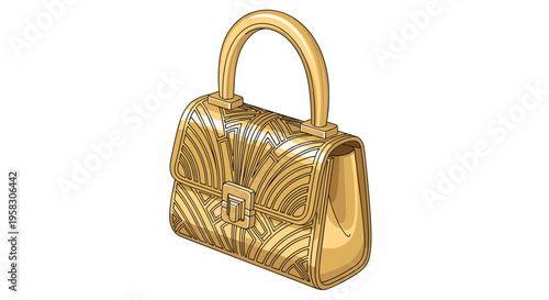 A golden-toned handbag with a top handle and an Art Deco geometric pattern on its front flap is angled on a white background.