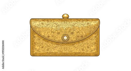 A rectangular golden clutch bag with an intricate floral engraved pattern and a central pearl button is presented on a white background.