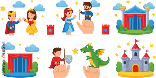 Fairy tale characters and castle vector set with prince, princess, dragon, magic stage and fantasy elements, cartoon storybook illustration collection