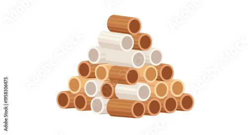 A pyramid of approximately 25 short, wide, hollow brown and beige tubes is stacked neatly on a white surface.