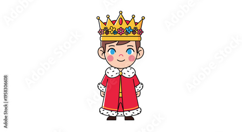 A smiling cartoon boy king wearing a golden crown decorated with colorful flowers and a red royal robe stands on a white background.