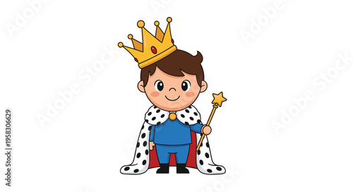 A cheerful cartoon boy king wearing a golden crown and an ermine-trimmed royal robe holds a star-tipped scepter on a white background.
