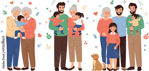 Happy family generations vector set with grandparents, parents and children, love, care and togetherness, family bonding illustration collection