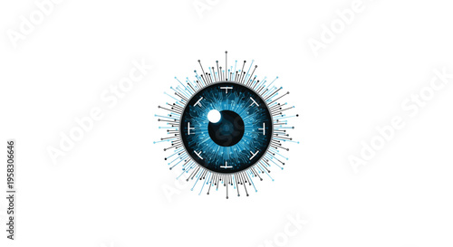 A stylized blue eye with a detailed iris and pupil has numerous radiating lines and dots extending outwards on a white background.