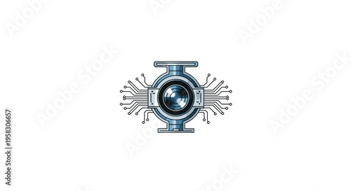 A central circular camera lens is surrounded by two rectangular circuit boards with electronic connections on a plain white background.