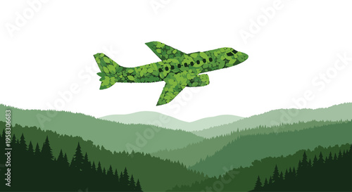A leafy green airplane flies over a series of layered green mountain ranges and forests against a white background.