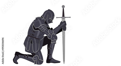 A knight in dark, detailed plate armor kneels on one knee, holding a long two-handed sword upright against a stark white background.