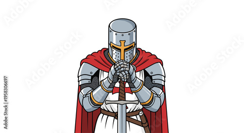 A crusader knight in shining silver armor with a golden cross on his helmet stands with hands clasped over a sword against a white background.