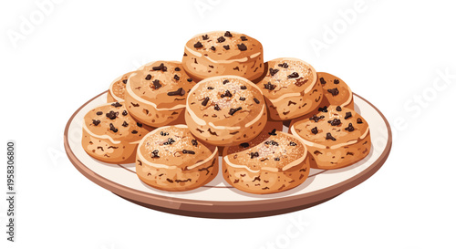 A heap of chocolate chip cookies with sugar dust is presented on a round ceramic plate against a clean white background.
