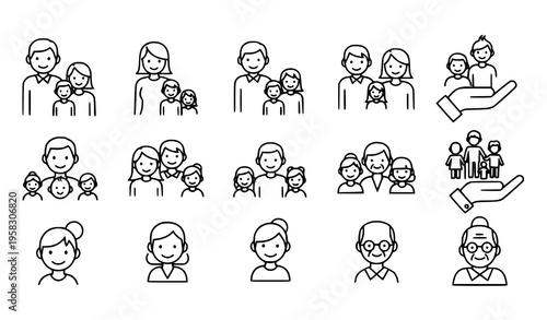 Family icons set with different generations and types in thin line art style.