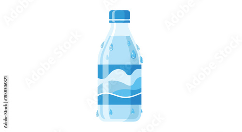 A clear plastic water bottle with condensation and a blue label stands upright on a white background.