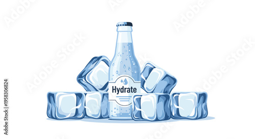 A glass water bottle with a Hydrate label is surrounded by ice cubes and condensation on a white background.