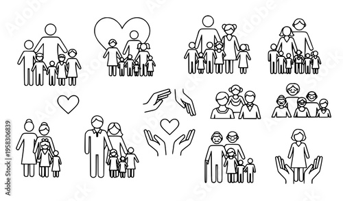 Happy family life illustrations with heart symbols and diverse family groups