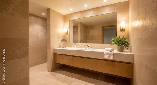 Elegant Modern Bathroom Vanity Area With Natural Light And Plant Accent